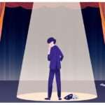 劇場の舞台を示すイラスト。スポットライトが成功しているように見える人物を照らしているが、その足元の影には捨てられ、くしゃくしゃになった脚本か仮面が落ちている。演技と隠された真実を示唆する。少しドラマチックなイラストスタイル。